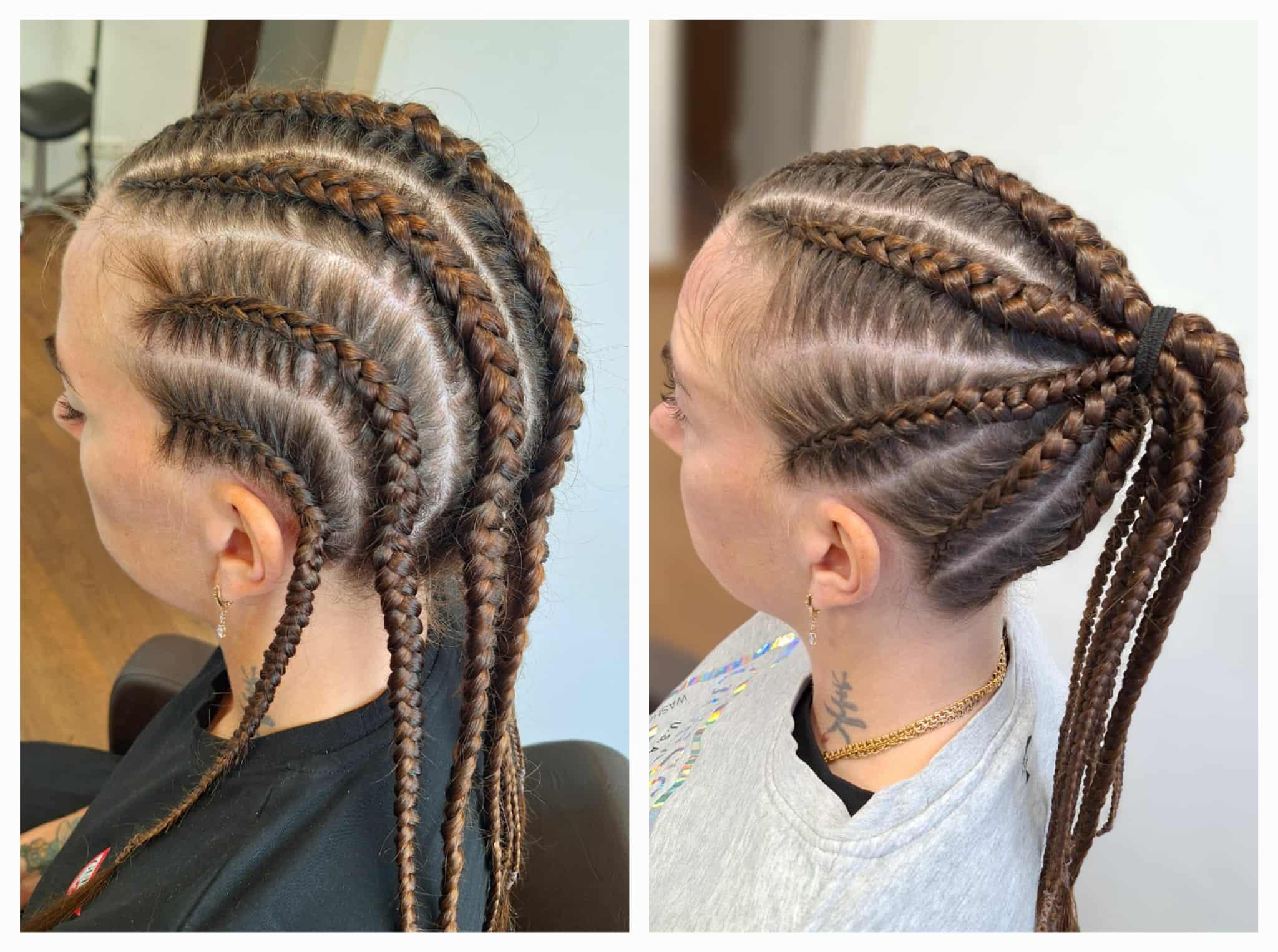 Cornrow stiilis punutised ilma lisamaterjalita, kinnitatud hobusesabasse.